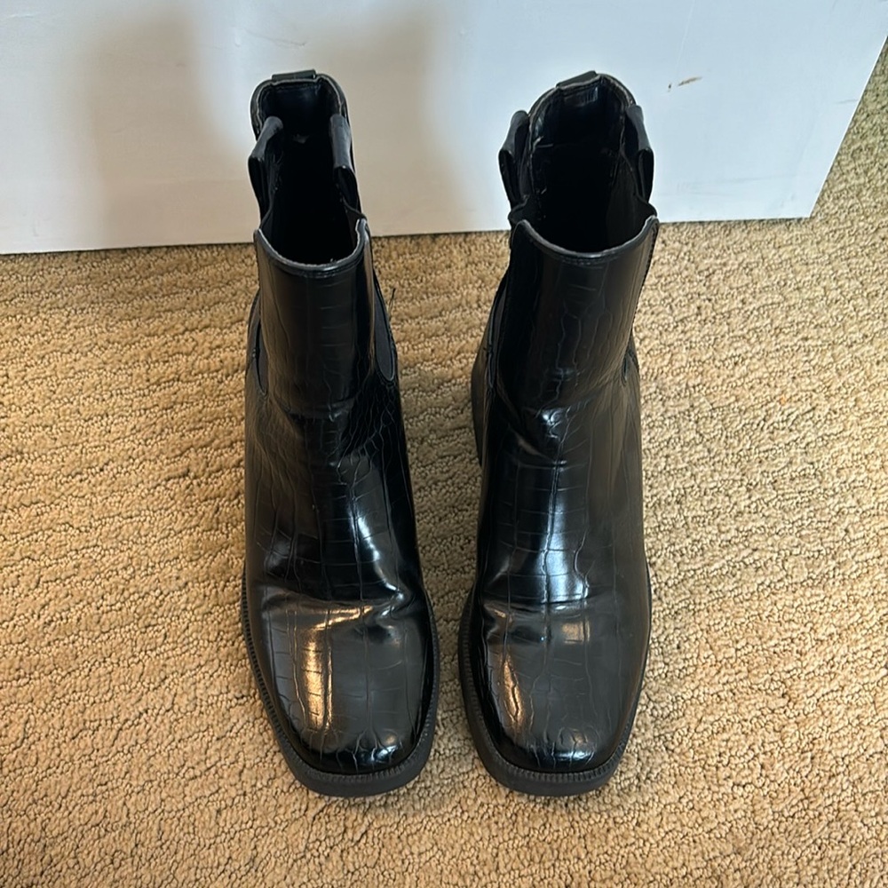 Chunky Heel Croc Embossed Ankle Boots